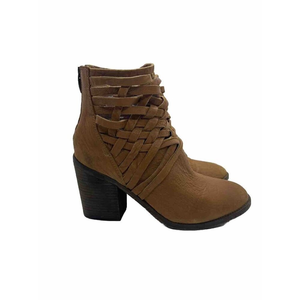 Free People Carrera Bootie Woven Ankle Boots Vintage Tan Leather Size 39 US 8.5